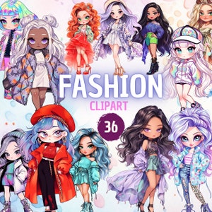 Cute Fashion Chibi Girls Clipart | 36 chibi stickers, chibi clipart, fashion dolls clipart, cute chibi png, Instant Download