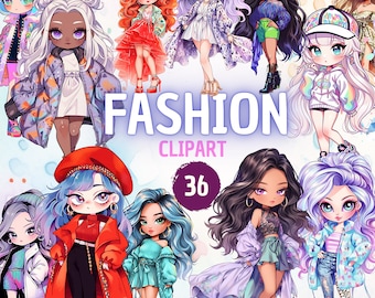 Cute Fashion Chibi Girls Clipart | 36 chibi stickers, chibi clipart, fashion dolls clipart, cute chibi png, Instant Download