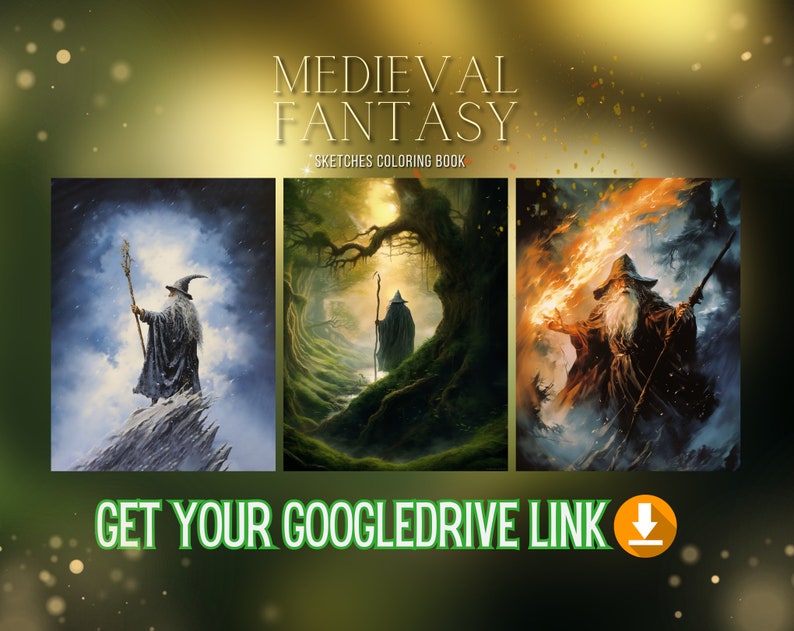 May include: Three illustrations of wizards in different settings. The first wizard is standing on a snowy mountaintop, the second is in a forest, and the third is surrounded by fire. All three wizards are wearing long robes and holding staffs.