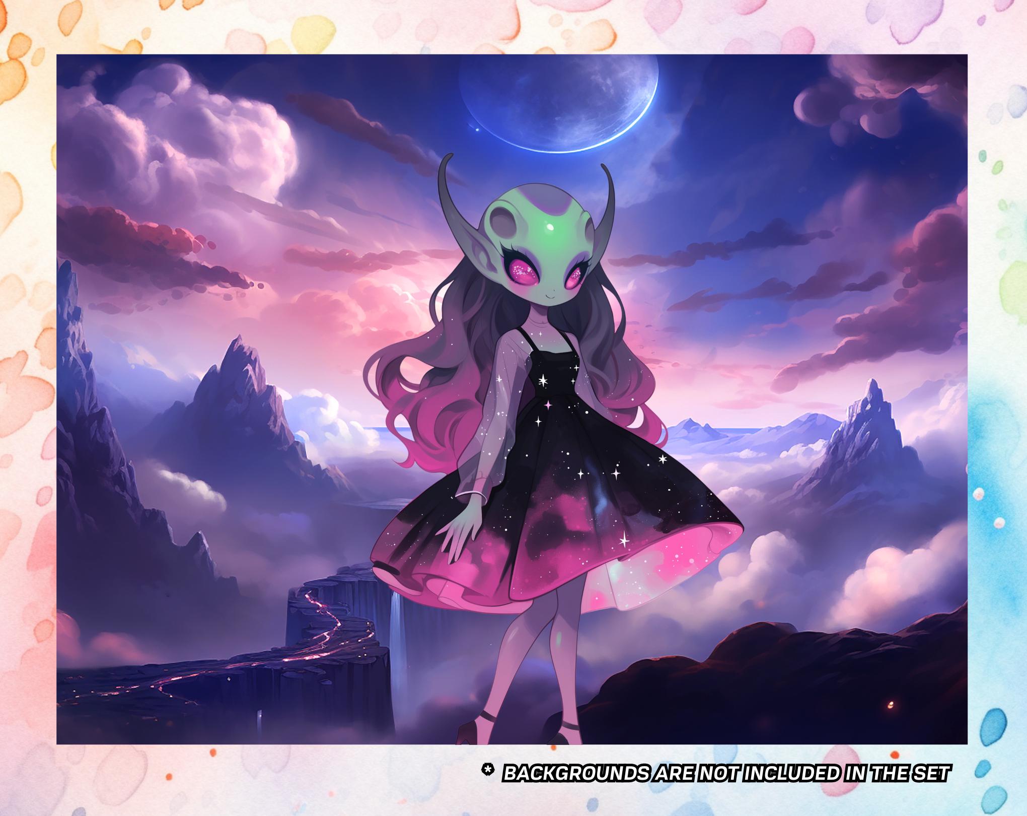 Chibi Kawaii Aliens Girls Clipart | Galactic Women Sticker, Cute ...