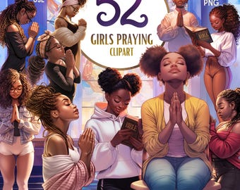 Black Girls Praying Clipart: Religious African American PNG Art (Digital Download)