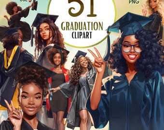 Black Girls Graduation Clipart: Watercolor African American Art (Digital Download)