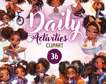 Black Girl Clipart: Daily Activities PNG Graphics (Digital Download)