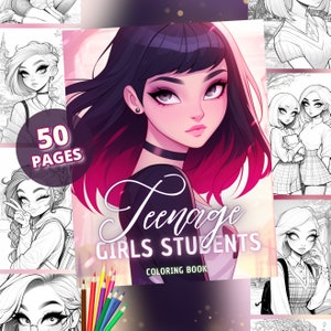 Teenage Girls Students - Coloring Book with 25 Charming Illustrations, Coloring Pages for Adults & Kids, Printable PDF, Instant Download