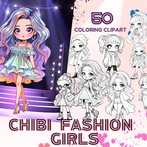Chibi Fashion Girls - Coloring clipart | 50 chibi stickers, chibi clipart, fashion clipart girl, cute chibi png, Instant Download