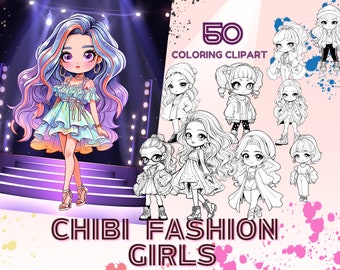 Chibi Fashion Girls - Coloring clipart | 50 chibi stickers, chibi clipart, fashion clipart girl, cute chibi png, Instant Download