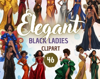 Elegante zwarte vrouwen-clipart: mode-illustraties (digitale download)