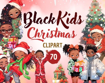 Black Kids Christmas Clipart Bundle: 70 PNG Illustrations (Digital Download)