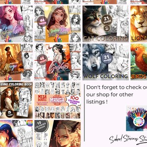 May include: A collection of coloring book covers featuring various themes, including anime, animals, and princesses. The covers are colorful and feature detailed illustrations. The text on the covers includes the title of the book, the number of pages, and the phrase "Coloring Book".