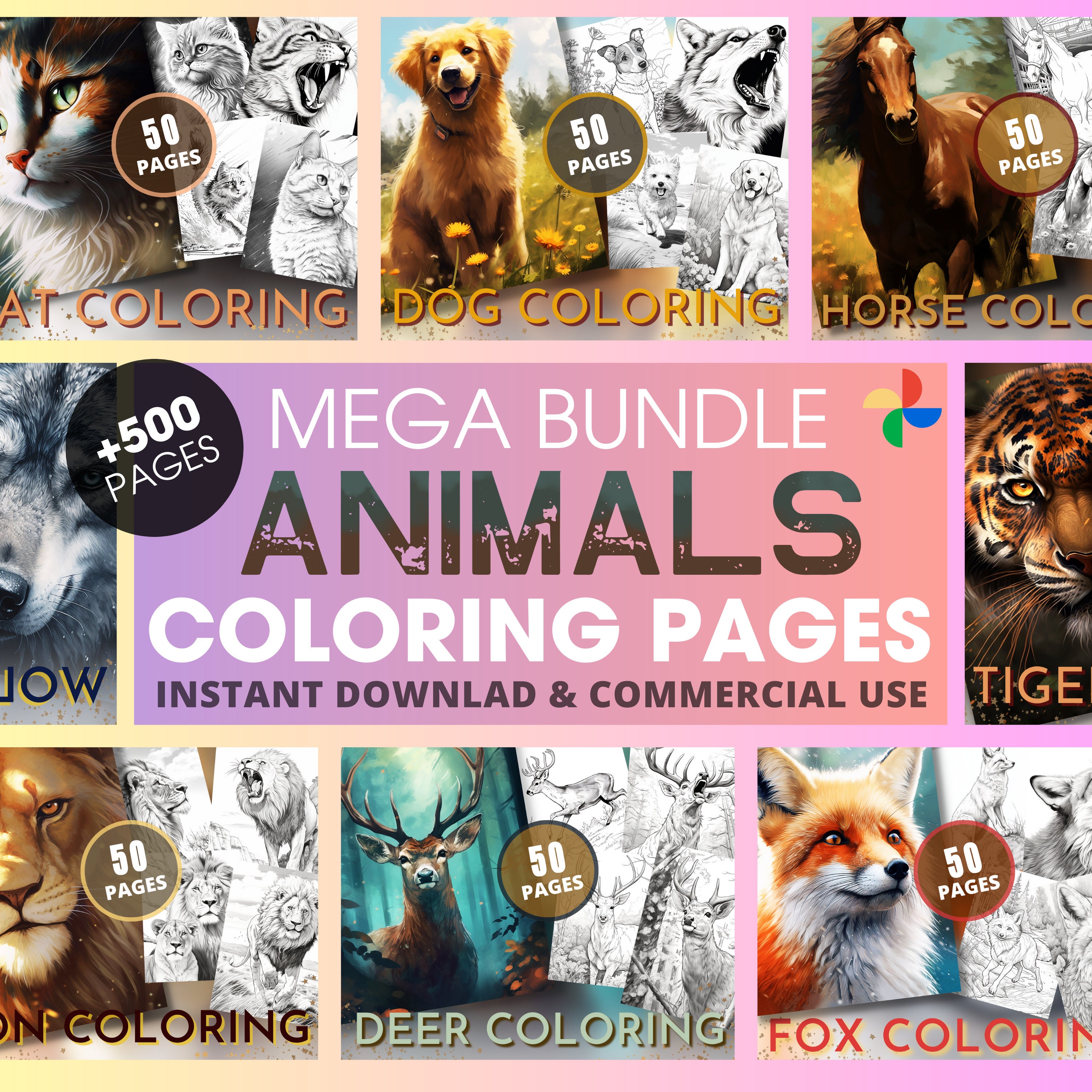 Animals Bundle 500 Coloring Pages Bundle 45 Covers, Printable PDF/PNG ...