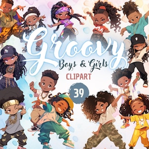 Groovy schwarze Kinder Clipart-Set | Schwarze Jungen und Mädchen tanzen, Afro Boy, schwarze Mädchenmagie, PNG, Aufkleber, Sofort Download