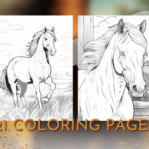 May include: Two black and white line drawings of horses. The first horse is running in a field. The second horse is looking to the side with its head turned. The text "21 Coloring Pages" is at the bottom of the image.