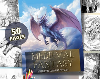 Medieval Fantasy Coloring Book: 50 Grayscale Dragons, Orcs, and Knights (Digital Download)