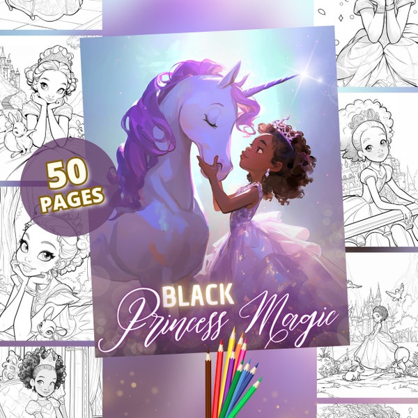 Black Princess Magic Coloring Pages | 50 Black Princesses Coloring Book For Kids, Afro girl, Black Beauty, Instant Download