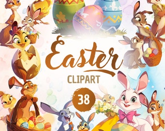 Easter Clipart Set - 38 PNG Bunnies, Decorated Eggs and Cheerful Chicks, Perfect for Easter Projects, Instant Download