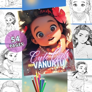 Cute Girls from Vanuatu - Babies Coloring Pages | 54 Polynesian Girls, Grayscale, Printable PDF