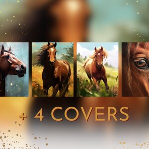 May include: Four different images of brown horses. The first image shows a horse's head and neck, the second image shows a horse running through a field, the third image shows a horse running towards the camera, and the fourth image shows a close-up of a horse's eye.