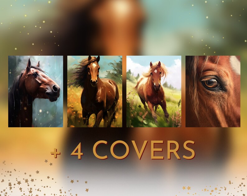 May include: Four different images of brown horses. The first image shows a horse's head and neck, the second image shows a horse running through a field, the third image shows a horse running towards the camera, and the fourth image shows a close-up of a horse's eye.