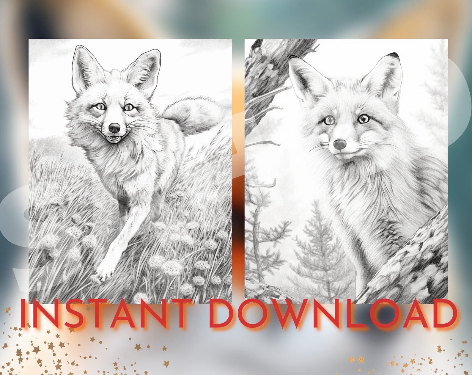 21 Realistic Foxes Coloring Book Adult and Kids Coloring, Grayscale