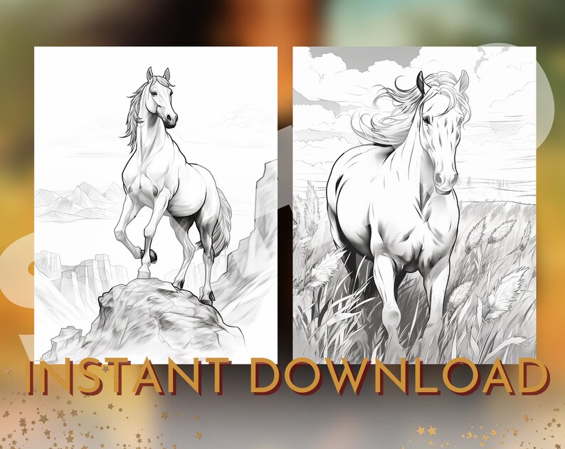 May include: Two black and white line drawings of horses. The first horse is standing on a rock with a mountain range in the background. The second horse is running through a field of tall grass.