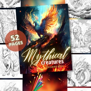 Mythical Creatures - fantasy coloring book | 52 Whimsical greyscale coloring pages, Instant Download, Printable PDF