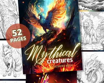 Mythical Creatures - fantasy coloring book | 52 Whimsical greyscale coloring pages, Instant Download, Printable PDF