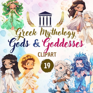 DIY クラフトに最適な、愛らしいちびギリシャの神々と女神のクリップアート バンドル | マグカップ、カード、T シャツなどに最適