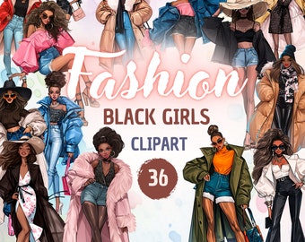 Fashion Black Women Clipart: Stylish Girls Illustration (36 PNG Digital Download)