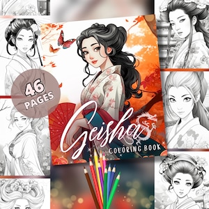Geisha, Japanese Women | Grayscale Coloring Book, 46 Coloring Pages, Instant Download, Printable Art
