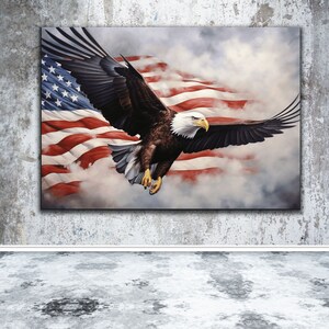 Eagle in flight on the United States flag reproduced on printed canvas mounted on a stretcher!