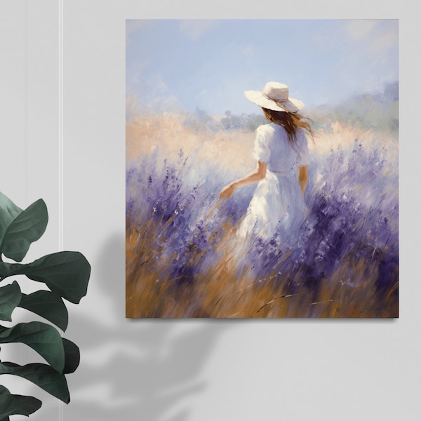 Peinture de Femme en robe blanche dans un champ de Lavande reproduite sur toile imprimée montée sur châssis !