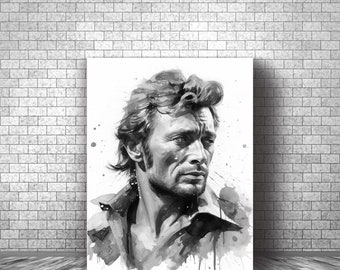 Portrait de Johnny Hallyday peint à l'aquarelle noir et blanc reproduit sur toile imprimée montée sur châssis !