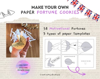 Op de afbeelding: Een downloadbare digitale download voor het maken van papieren gelukkoekjes. De afbeelding toont een hand die een papieren gelukkoekje vasthoudt, een set instructies voor het vouwen van de koekjes en een set van 58 motiverende spreuken. De tekst "Make Your Own Paper Fortune Cookies" staat bovenaan de afbeelding.