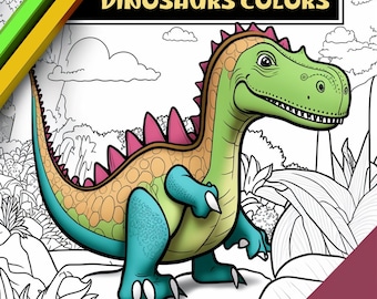 Puede incluir: Un dinosaurio verde, amarillo y azul con espinas rosas en la espalda. El dinosaurio está de pie en un entorno de jungla con dibujos en blanco y negro de plantas y árboles. El texto "DINOSAURS COLORS" está en la parte superior de la imagen.