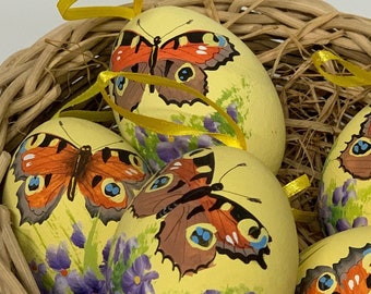 Butterfly, Real chicken Easter eggs -  Handmade Slavic Egg Art - Easter Egg Decorations - Kraslice & Pysanky- pink, yellow, orange, blue