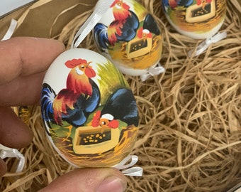 NEW Rooster and  Hen Limited edition, Animal farm - Real chicken egg- Handmade Slavic Egg Art - Easter Egg Decorations - Kraslice & Pysanky