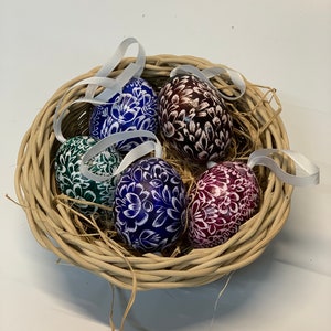 Chicken Egg color, wax technique -Easter Egg Decorations for Your Home Unique Egg Art, blue, green, red,purple  Handcrafted Pysanky Kraslice