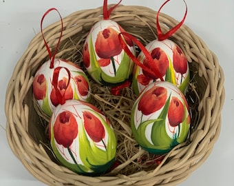 Blumen, Rose, Tulpe, Stiefmütterchen- Echtes Hühnerei- Handgemachte slawische Eierkunst- Ostereidekorationen- Kraslice & Pysanky- Kostenloser Versand