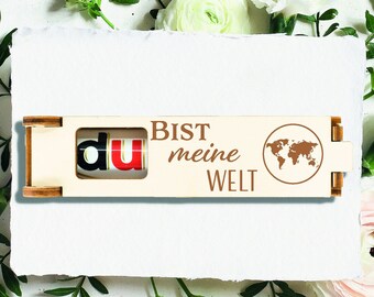 Du bist meine Welt, Geschenkbox Graviert + gratis Duplo, Gravierte Schokoriegel Geschenkbox,