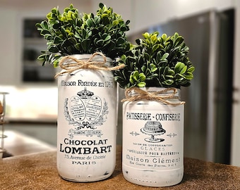 UPCYCLED - Vintage Farmhouse Chalk Painted Jar Vase (Chocolat Lombart & Patisserie) - Set of 2 Kitchen/Island/Table Décor Centerpiece