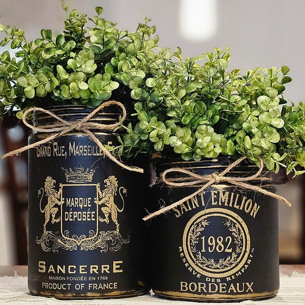 French Vintage Wine Label Inspired Painted Jar Vase (Sancerre & Bordeaux), Kitchen/Island/Mantel Décor, Centerpiece, Wine Bar Décor