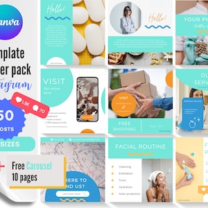 Puede incluir: Un paquete de inicio de plantillas para Instagram con 50 publicaciones en dos tamaños. El paquete incluye un carrusel gratuito con 10 páginas. La imagen muestra una variedad de diseños, incluyendo una farmacia, una rutina facial y un producto estrella. El texto "Hello!" aparece en la esquina superior derecha de la imagen.