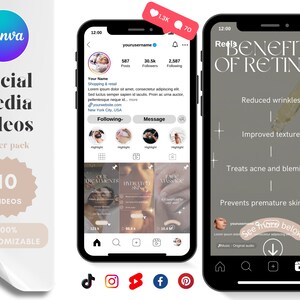 Puede incluir: Un paquete de inicio de marketing digital con el logotipo de Canva, que presenta plantillas de vídeo para redes sociales. La imagen muestra tres teléfonos inteligentes que muestran contenido de redes sociales, incluidas publicaciones de Instagram y Reels, con texto sobre los beneficios del cuidado de la piel.