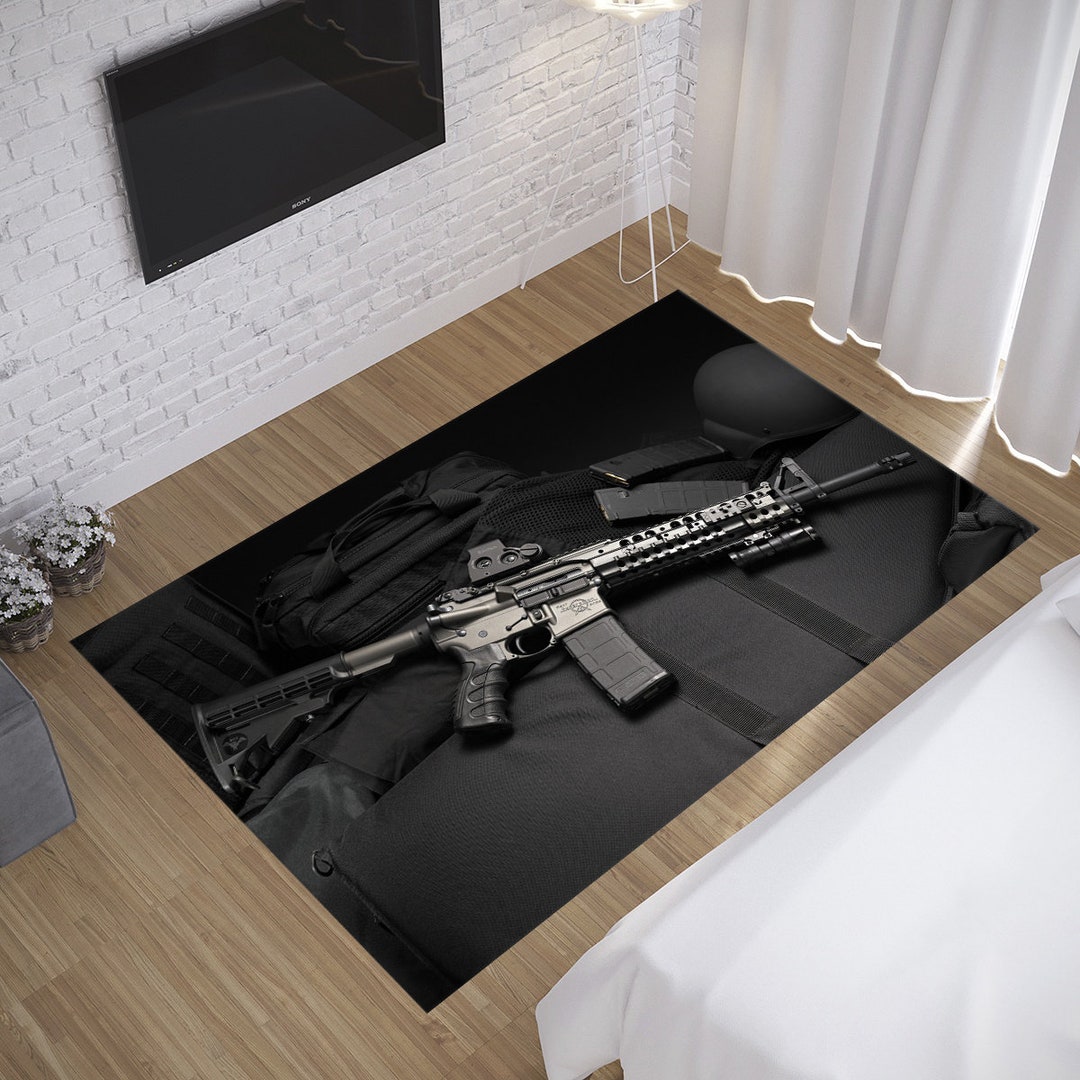 Gun Rug, Rifle Rug, Black Rug, Pistol Rug, Assault Rifle Rug, Home Decor, Gift for Him Her, Kids