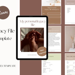 Puede incluir: Plantilla digital para un archivo de legado, con una tableta que muestra una página con manos sosteniendo los pies de un bebé. El diseño incluye páginas con texto y formularios, con una paleta de colores neutros. El logotipo de Canva es visible.