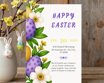 Edytowalny szablon zaproszenia na polowanie na pisanki, impreza z króliczkiem (do pobrania w wersji cyfrowej)