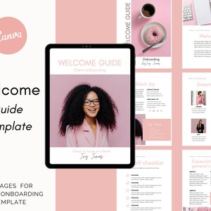 May include: A pink and white welcome guide template for client onboarding. The cover features a smiling woman with curly hair and glasses. The text on the cover reads "Welcome Guide Client Onboarding".