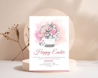 Edytowalny szablon zaproszenia na polowanie na pisanki, impreza z króliczkiem (do pobrania w wersji cyfrowej)