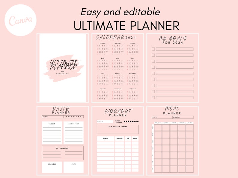 Planner Includes Editable Ultimate Planner | Canva Template | Pink Planner for Busy ...