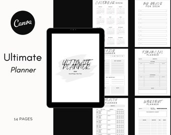 Edytowalny Ultimate Planner | Szablon Canva | Planner dla zapracowanych trenerów | Czarny motyw